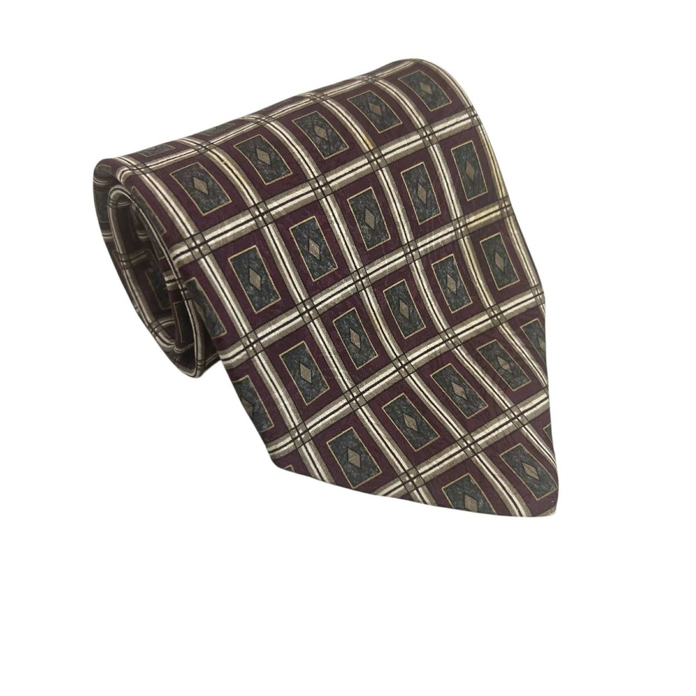 Geoffrey Beene Silk Tie Burgundy Geometric Diamond Pattern Mens Necktie
